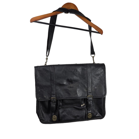 Vintage Leather Satchel Black Mens Laptop Case Business Workwear Designer Buckle - Picture 1 of 15